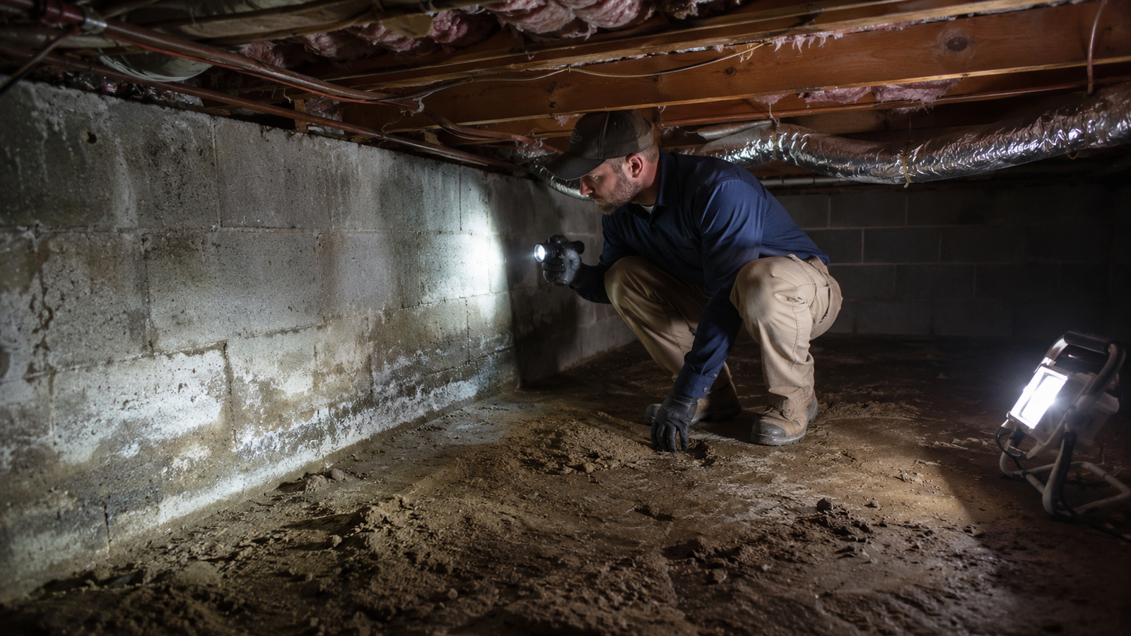 Contractor inspecting a damp crawl space with a flashlight, examining moisture stains on concrete foundation walls and dirt flooring under a low ceiling, illuminated by a portable work light.
