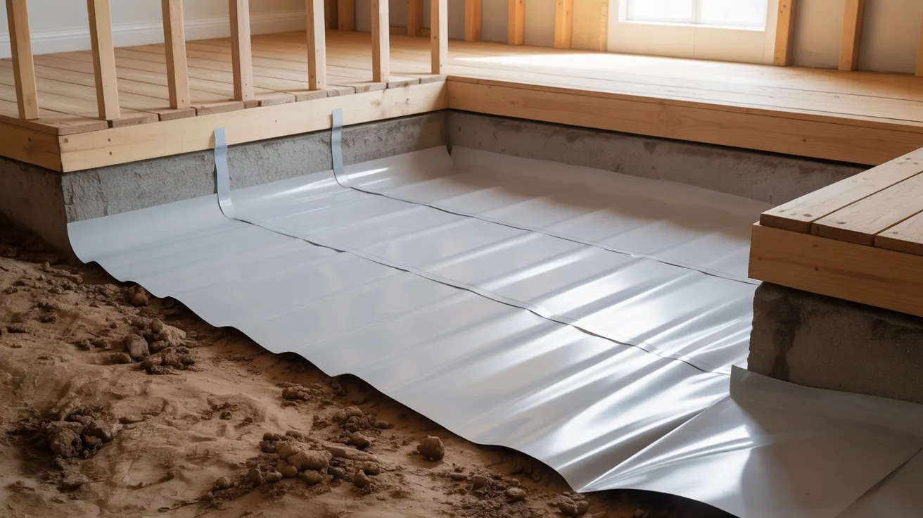 Crawl space with a white vapor barrier installed over the ground beneath a raised wood floor structure, showing moisture protection beneath a home foundation.