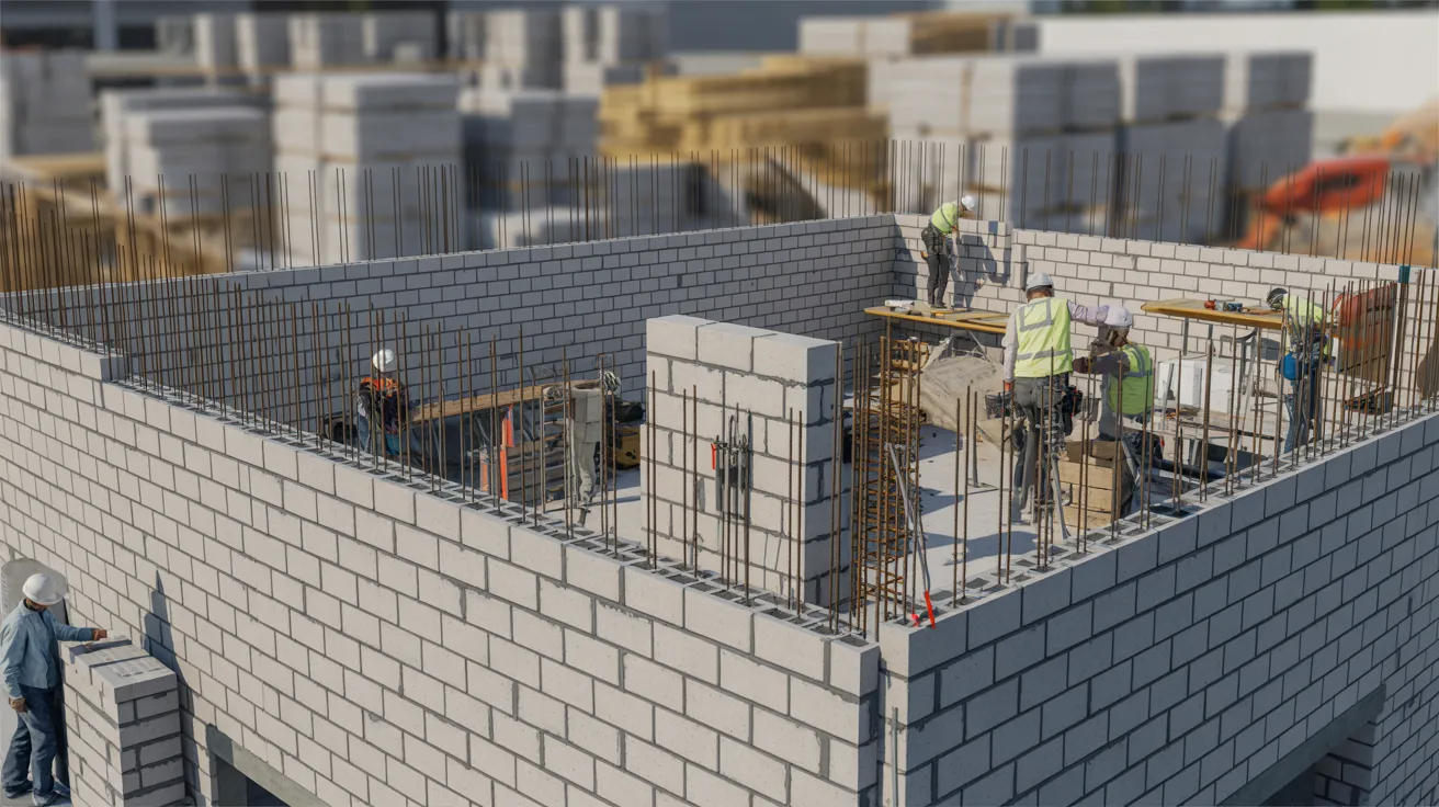 Construction workers building a CMU wall with concrete masonry blocks at a commercial construction site