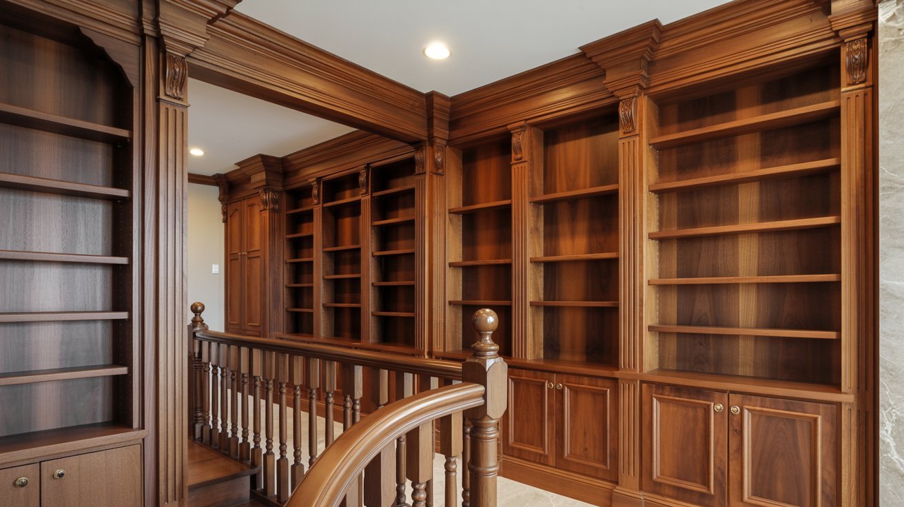 Custom cabinets, built in shelving, and staircase railings as examples of millwork.