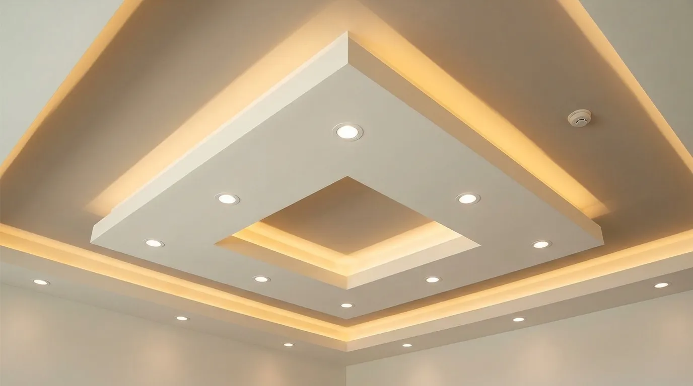 A layered ceiling bulkhead with recessed spotlights and warm LED strip lighting arranged in a geometric square pattern in a modern interior room