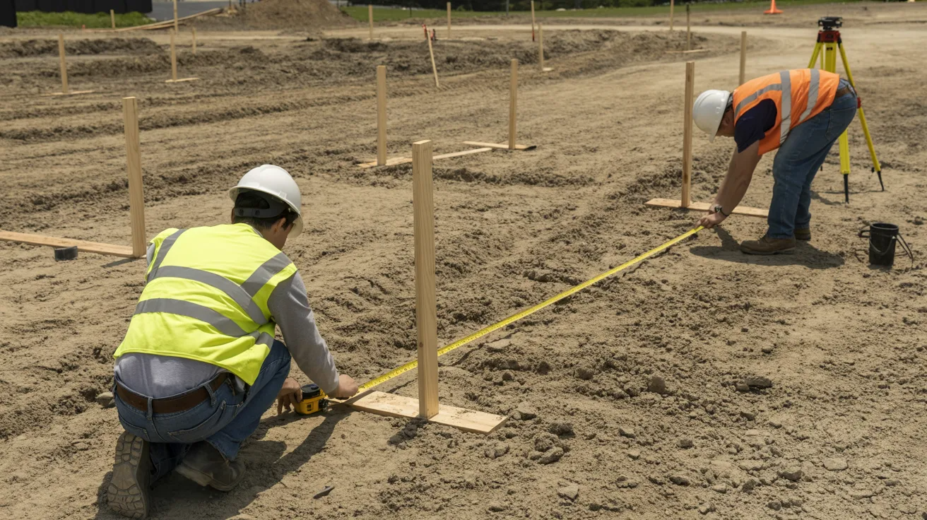 Workers measuring land with tape and stakes