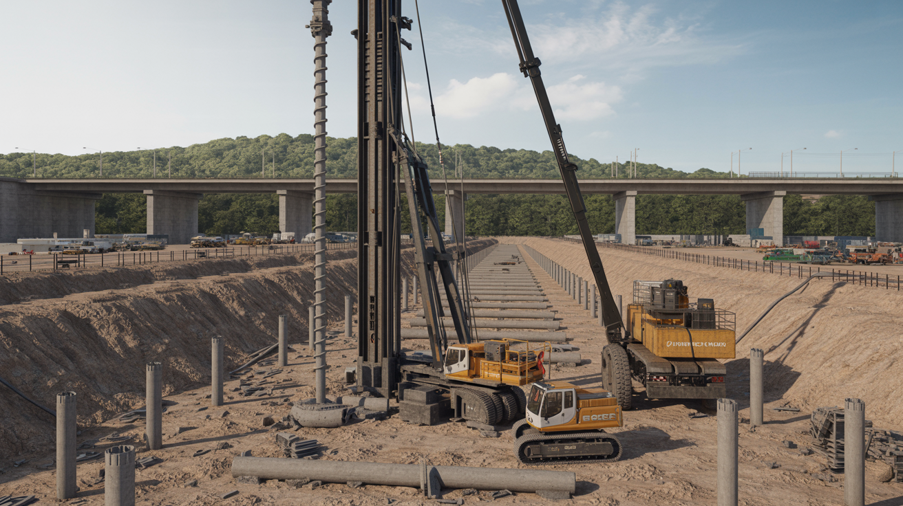 Pile footing installation using deep concrete piles and heavy machinery.