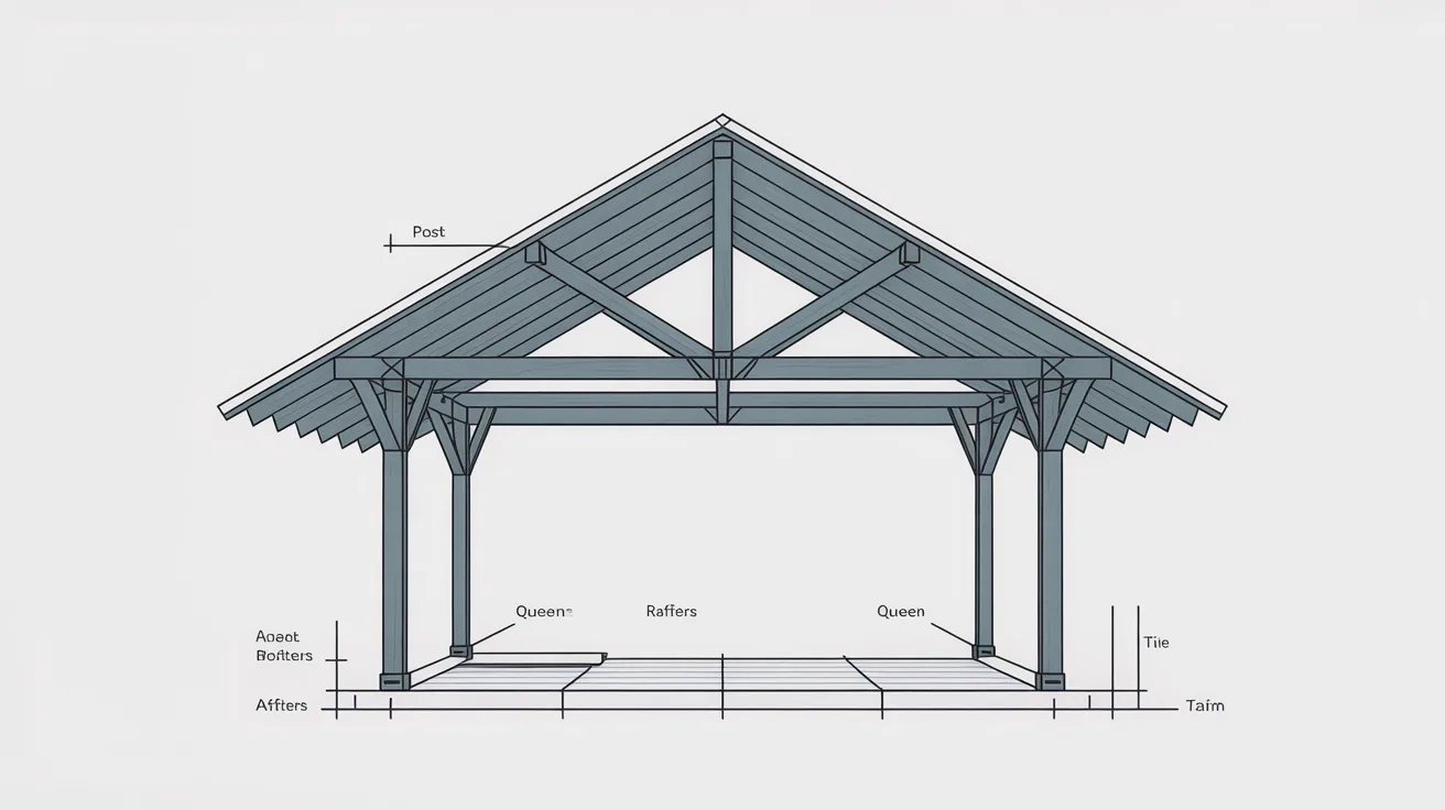 Queen post roof truss diagram with two vertical posts and extended span frame