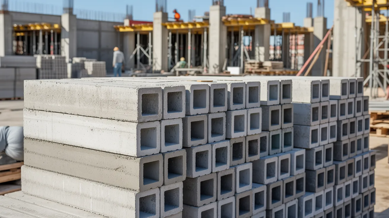 Concrete masonry unit blocks stacked at a construction site