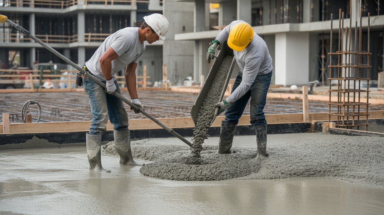 Construction workers handling concrete with the correct slump for proper placement.