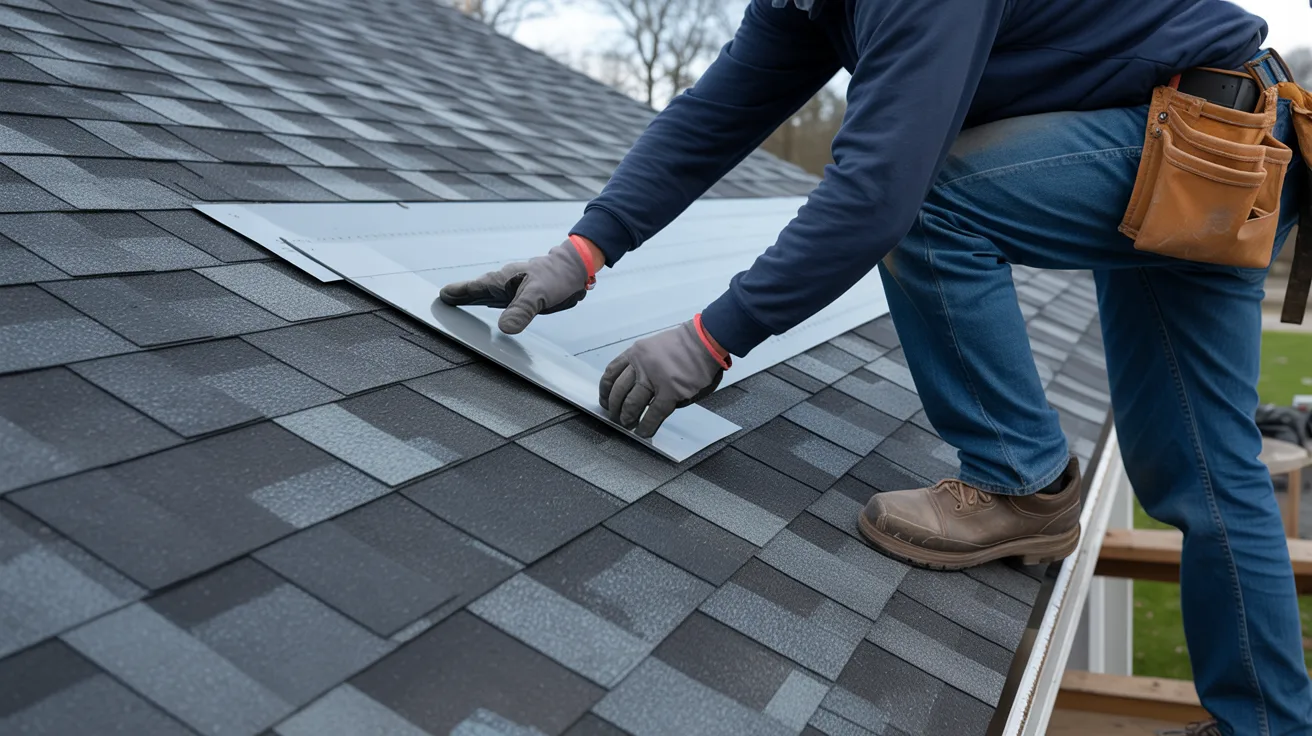 Installing shingles or roofing panels on top of deck roof structure.