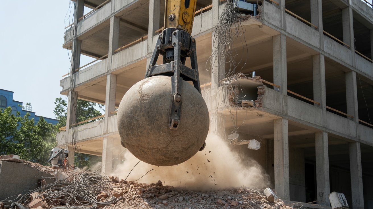 Wrecking ball demolishing a concrete building.