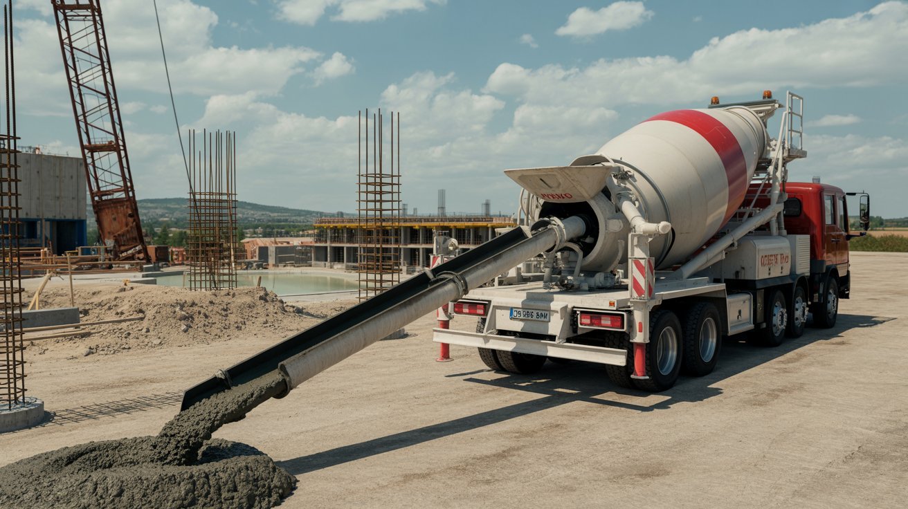 Pumped concrete with high slump moving through a concrete pipeline.