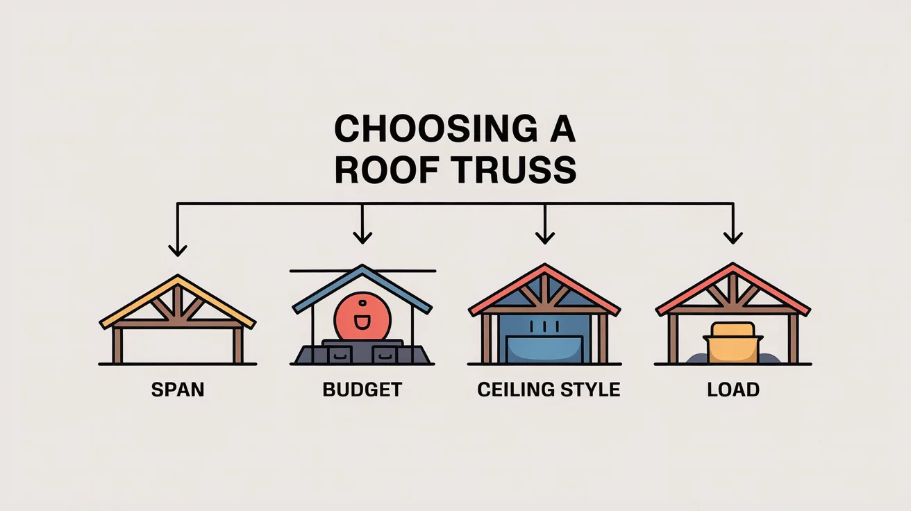 Infographic showing how to choose the right roof truss based on span, budget, and ceiling type