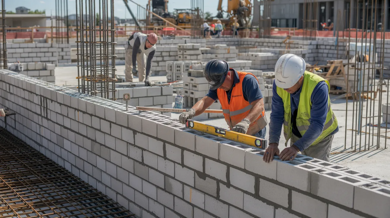Workers using CMU blocks in commercial building construction