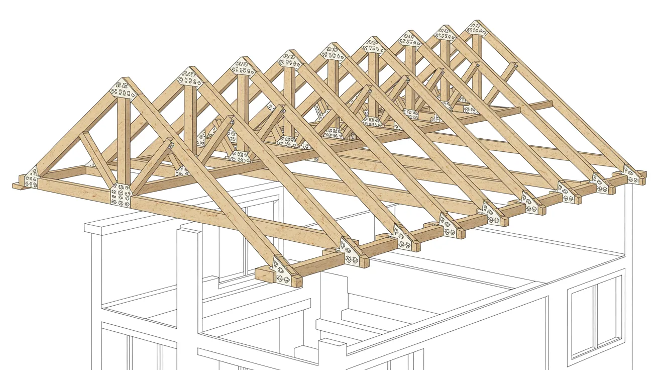 Technical illustration of a wooden gable roof truss system installed on a house frame, showing rafters, support braces, connector plates, and structural roof components.