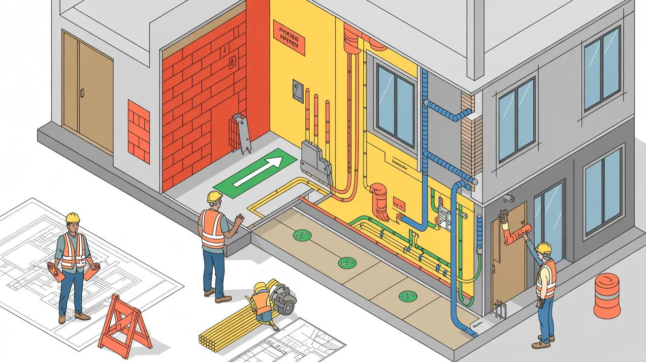 An isometric illustration of construction workers reviewing building plans while inspecting exposed plumbing pipes, electrical conduits, and mechanical systems running along the walls and floor of a building under construction