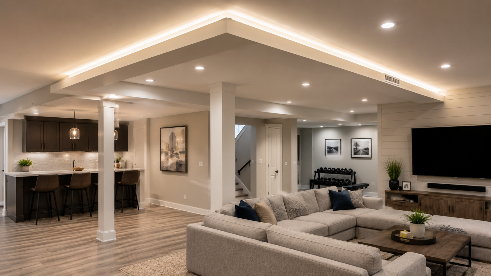 Modern ceiling bulkhead design with recessed linear lighting and layered architectural details in a contemporary interior space.