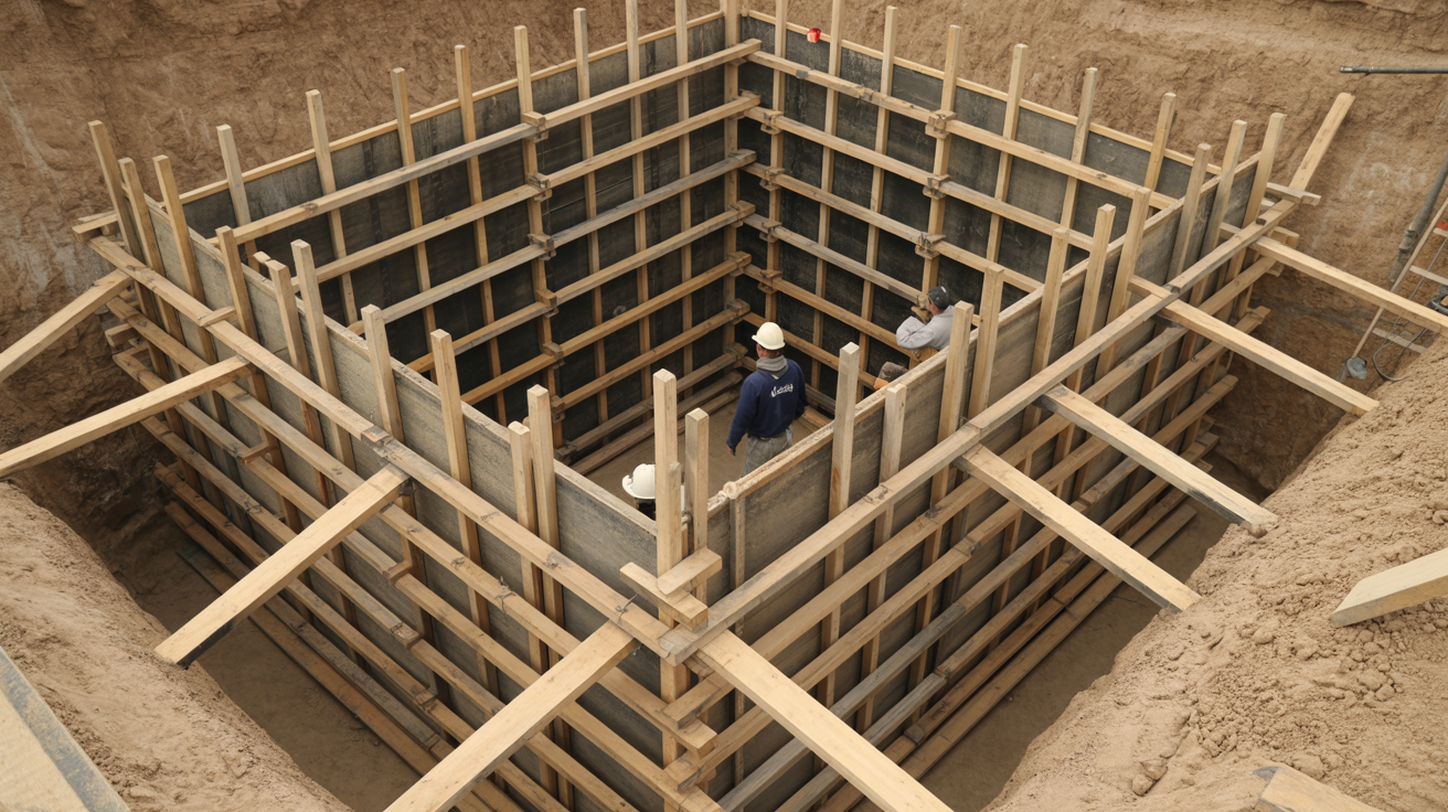 Timber shoring used to support trench walls on a construction site.