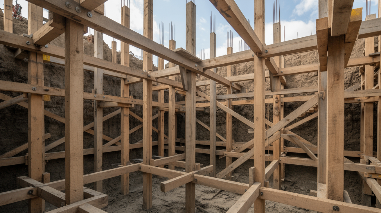 Timber shoring framework supporting an excavation area.