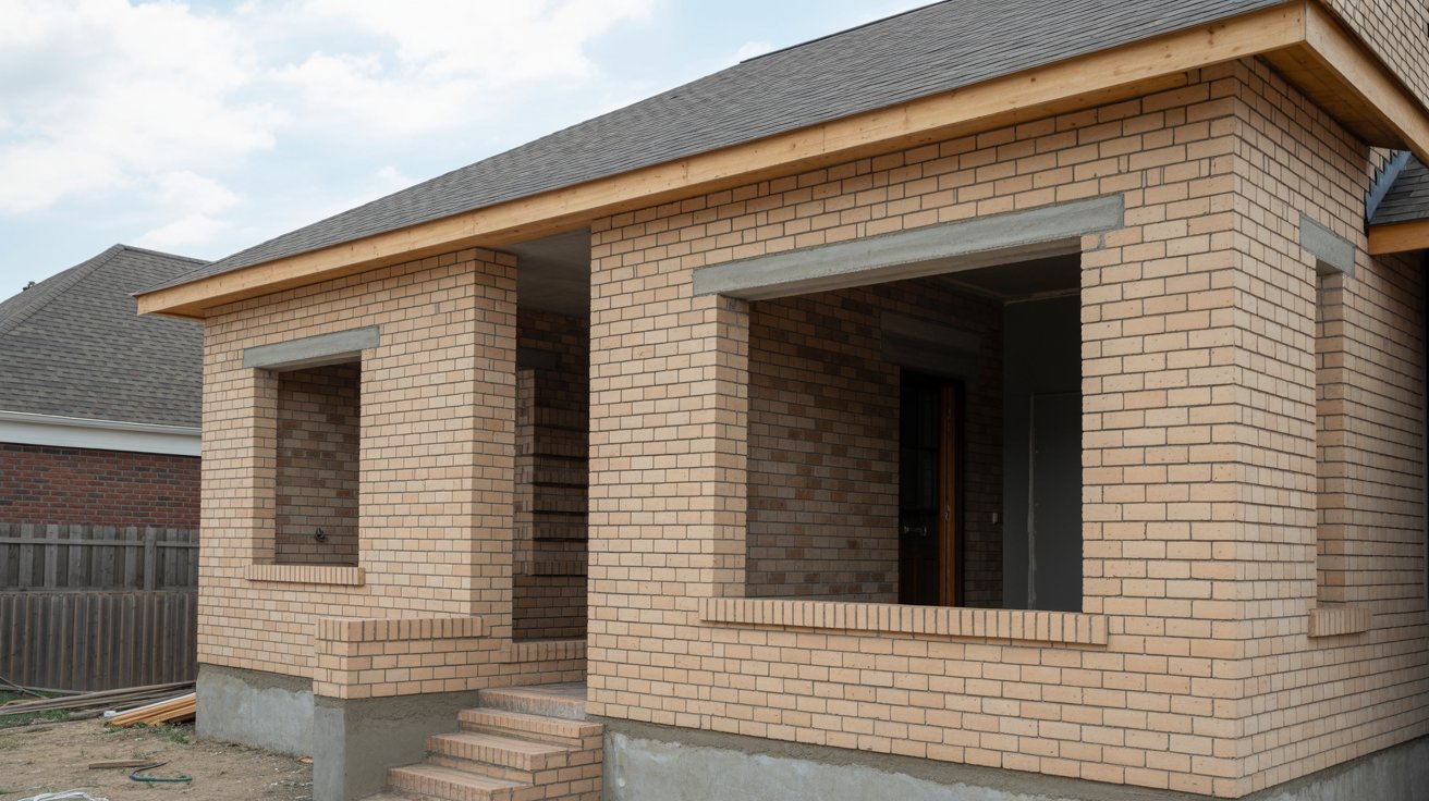 Exterior brick load bearing wall supporting the upper structure of a residential building.