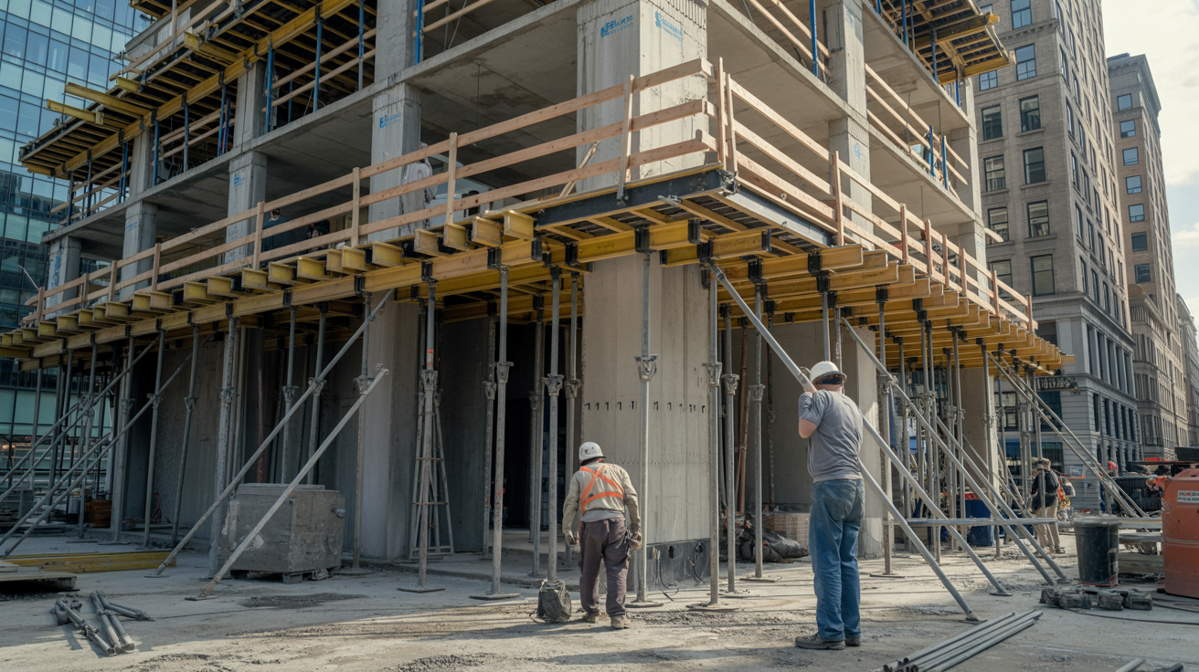 Workers installing shoring supports around a damaged building at a construction site.