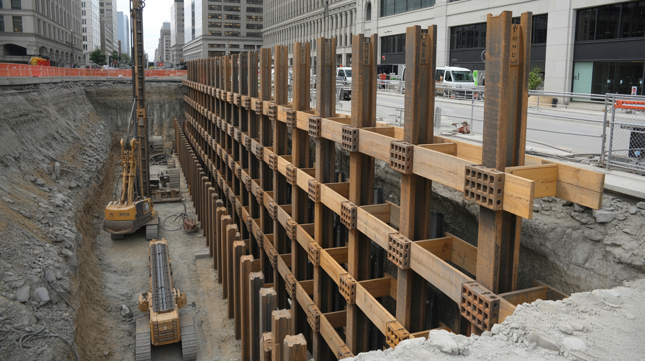 Soldier pile shoring used in a deep excavation project.