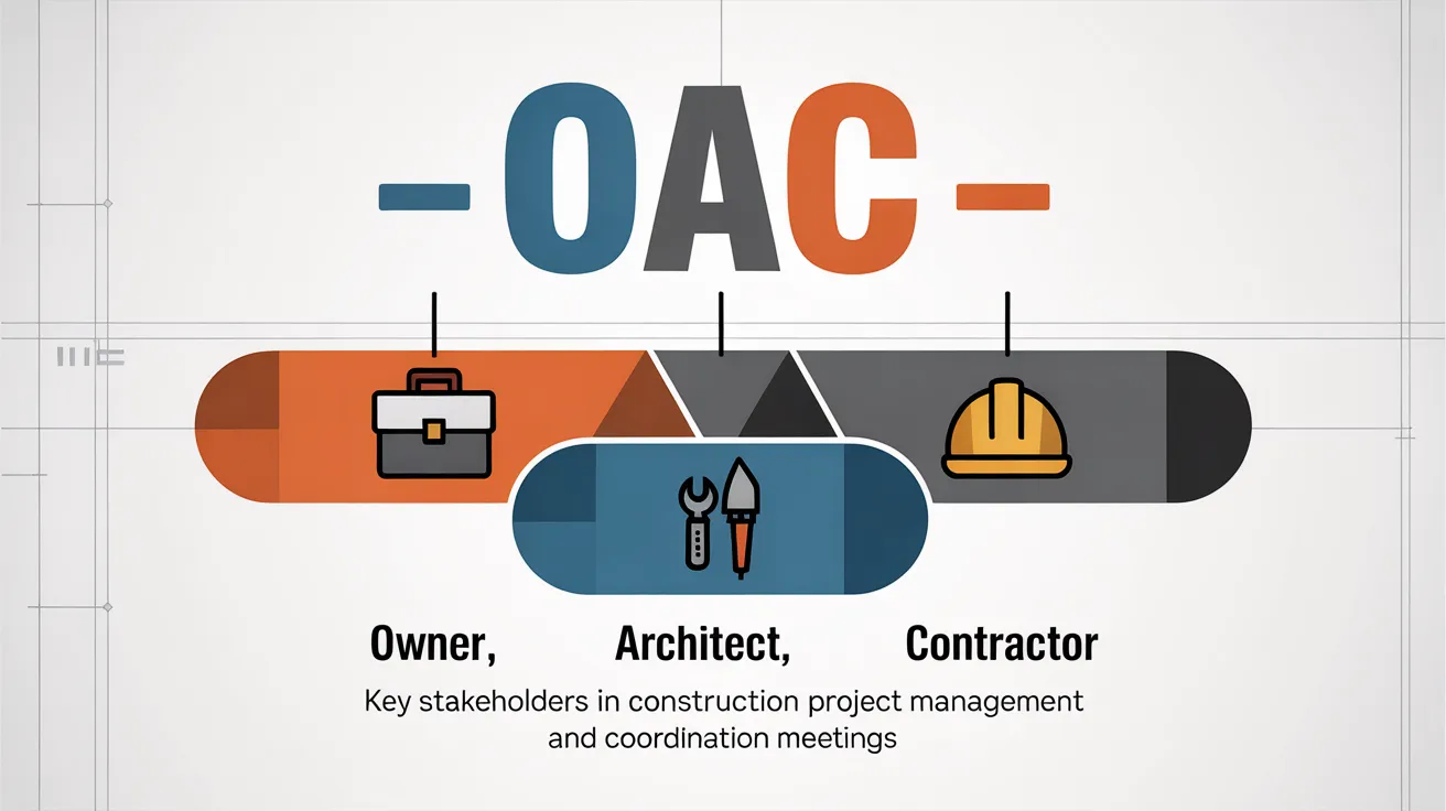 Infographic explaining OAC in construction, showing the Owner, Architect, and Contractor roles with project coordination icons and workflow design.