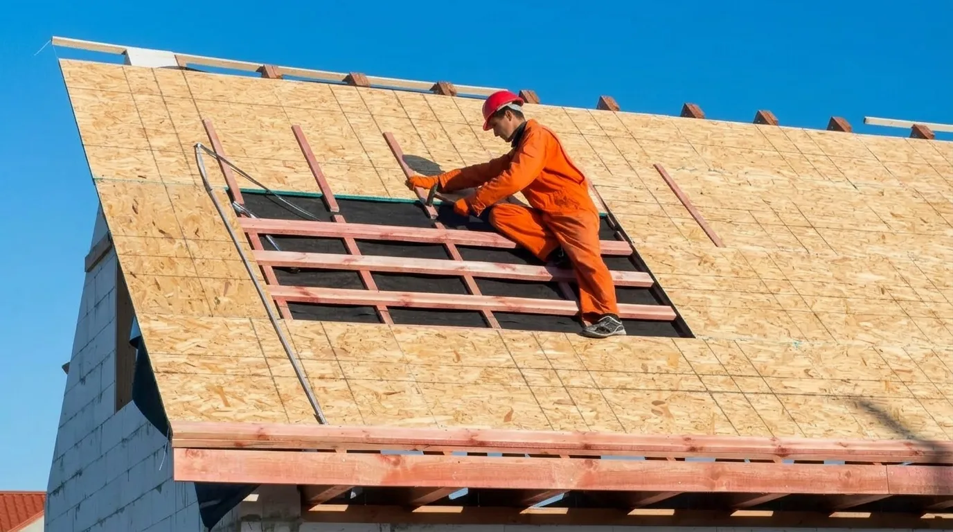 Installing plywood sheathing over roof rafters to create a solid base.