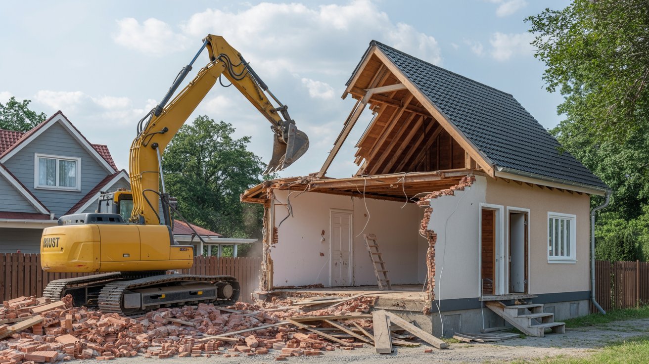 Residential demolition project removing an old house structure.