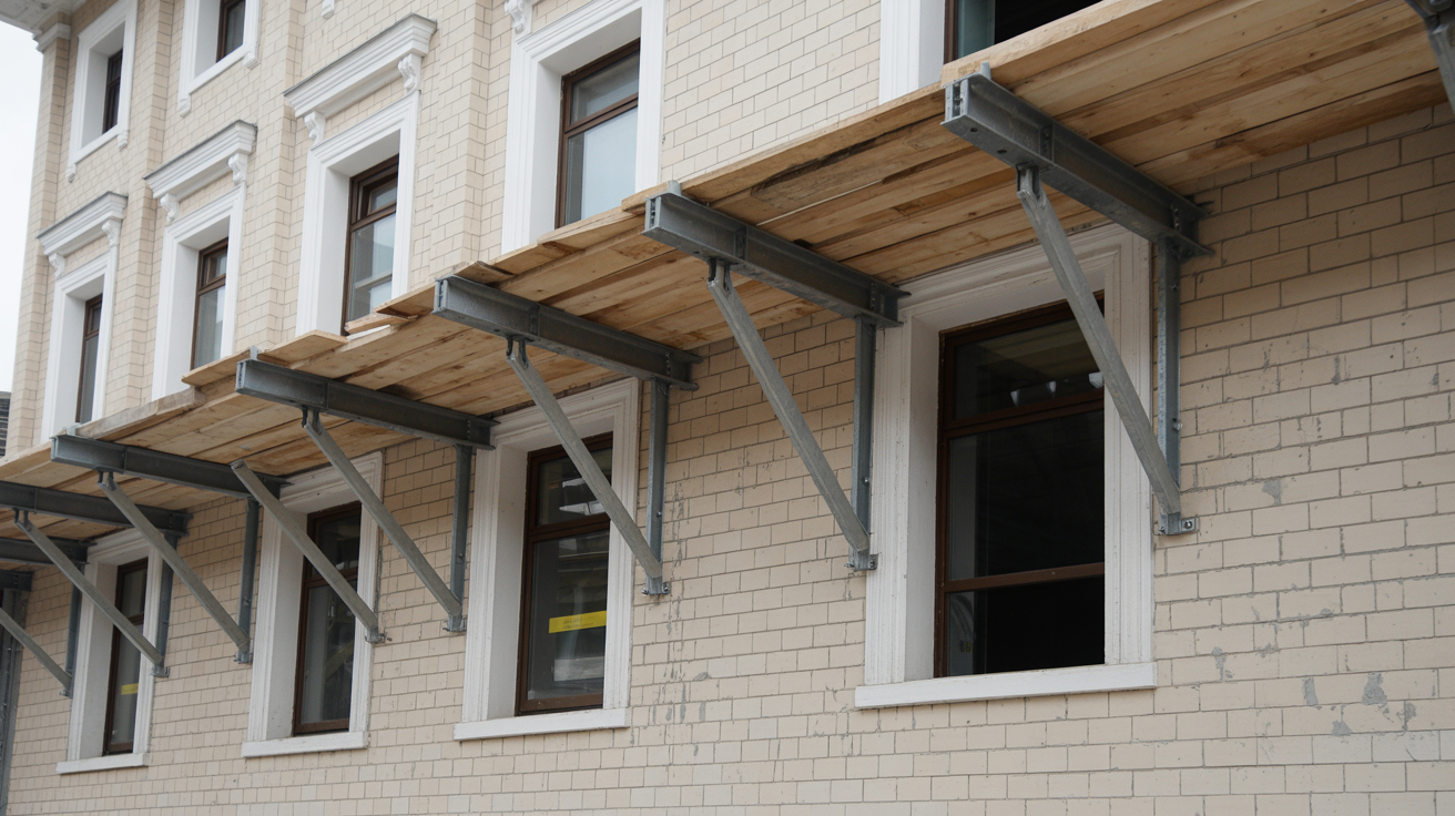 Temporary shoring supports stabilizing a damaged wall during construction work.