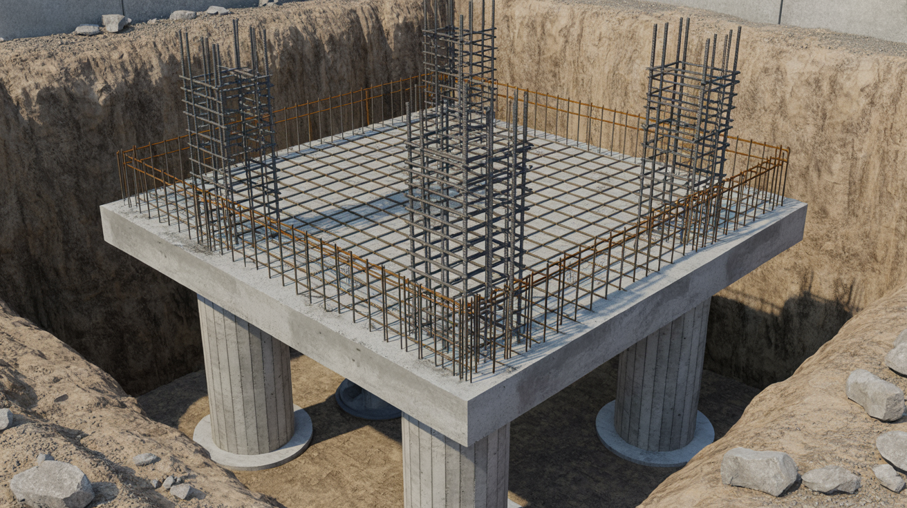 Combined footing supporting two structural columns with one shared base.