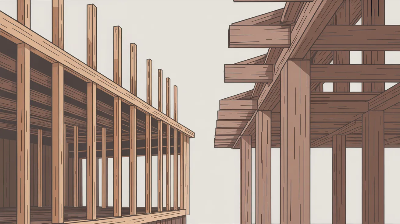 Diagram comparing stick frame closely spaced studs with post frame wide spaced timber posts