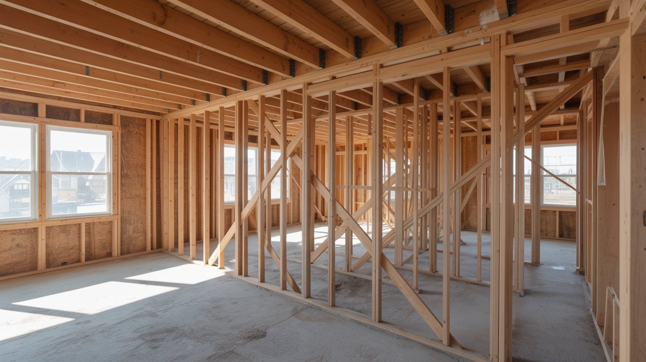 Interior load bearing wall supporting upper floor loads inside a residential structure.