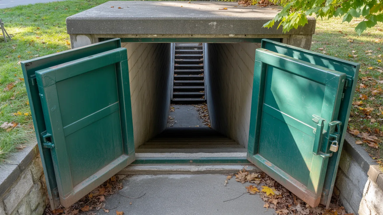 Outdoor basement entrance with open green metal cellar doors leading down concrete stairs into an underground space beneath a home.