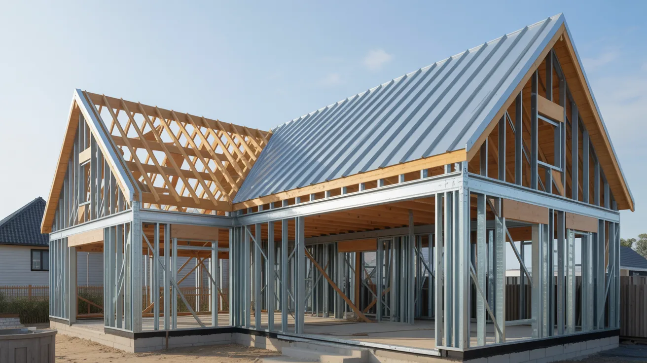 Steel purlins and timber rafters supporting lightweight metal roofing in residential construction