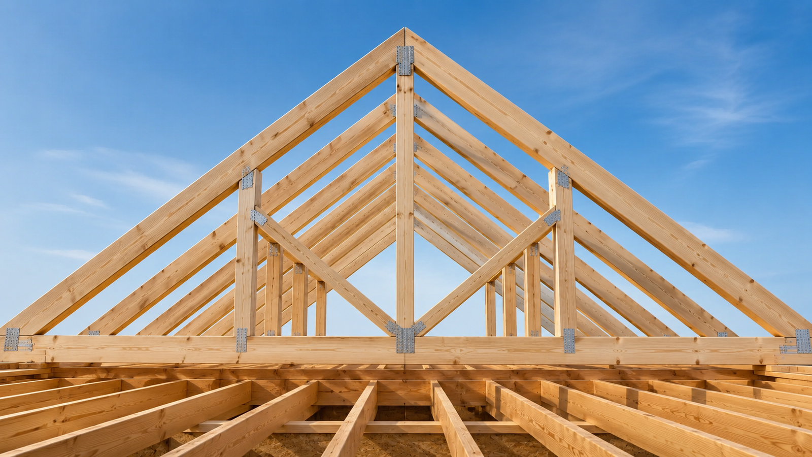 Wooden gable roof truss structure under construction with exposed timber framing, triangular supports, floor joists, and a clear blue sky background.