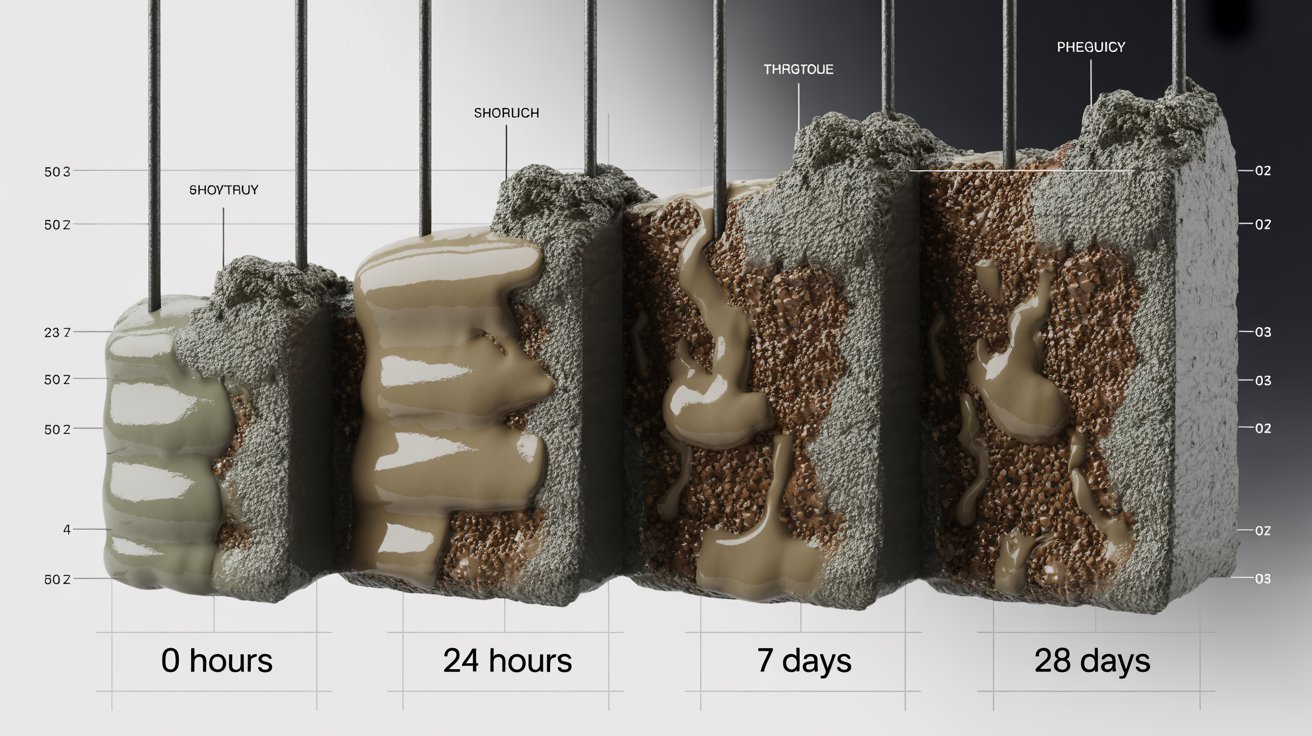 Shotcrete hardening and gaining strength during the curing process.