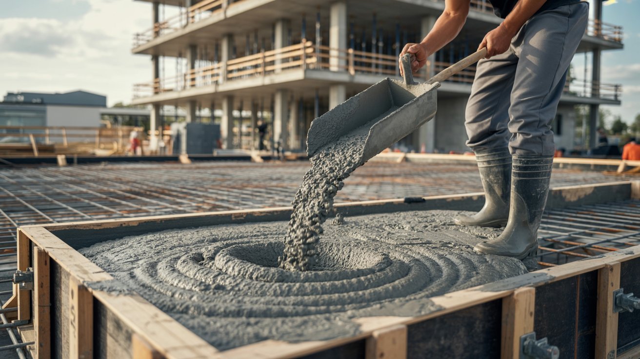 Worker inspecting fresh concrete consistency during pouring at a construction site.