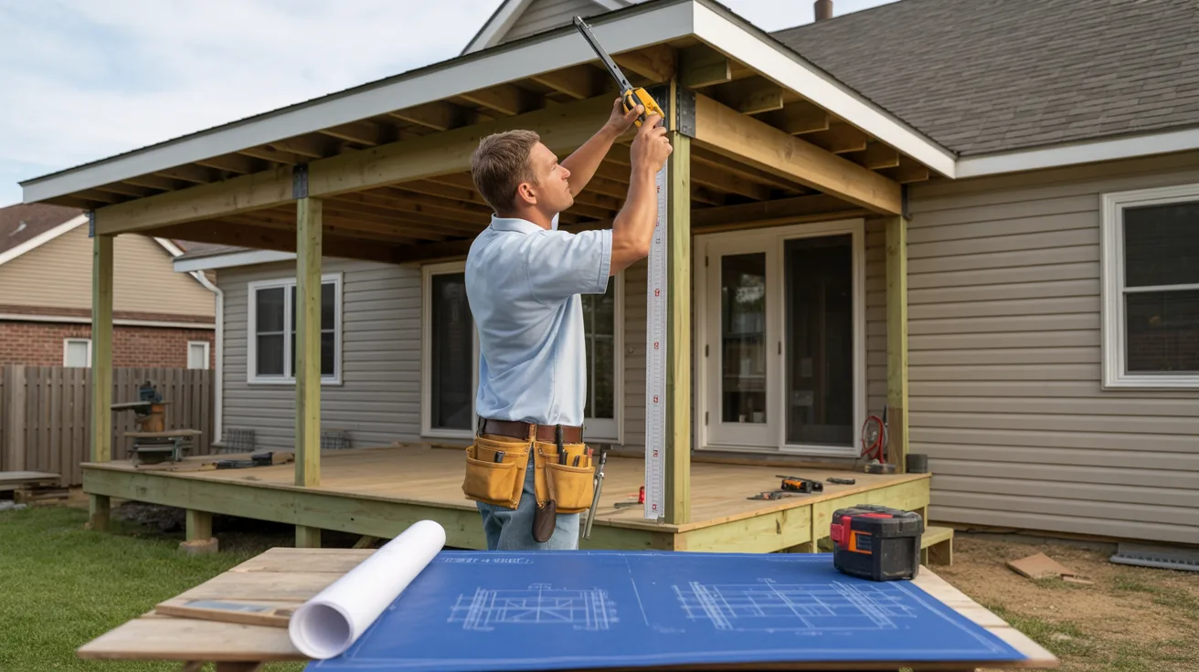 A contractor inspecting deck framing and measuring structural supports before building a roof.