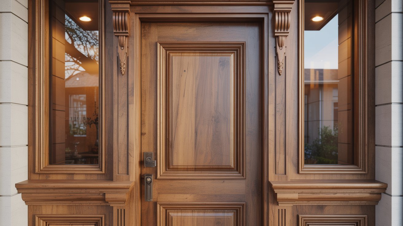 Wooden doors, door frames, and window trim used as millwork in construction.