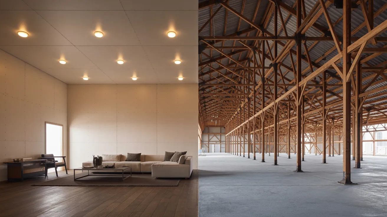 Interior comparison of finished stick frame living space and open post frame utility building