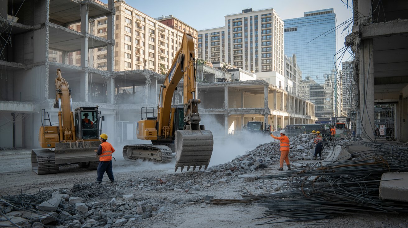 Demolition process removing a building in a controlled and safe manner