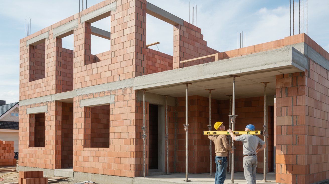 Partially constructed brick house with visible load bearing walls supporting the roof structure at a residential construction site.