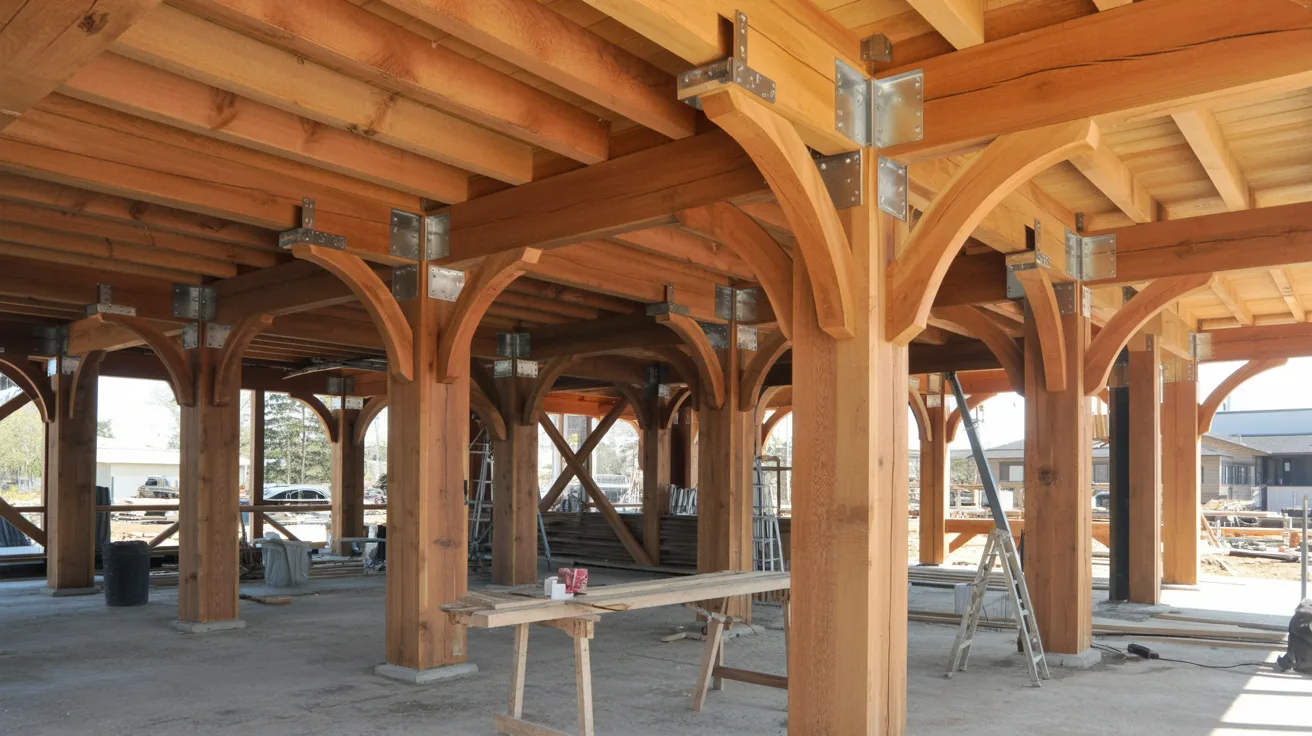 Post and beam construction with exposed timber beams and steel connectors