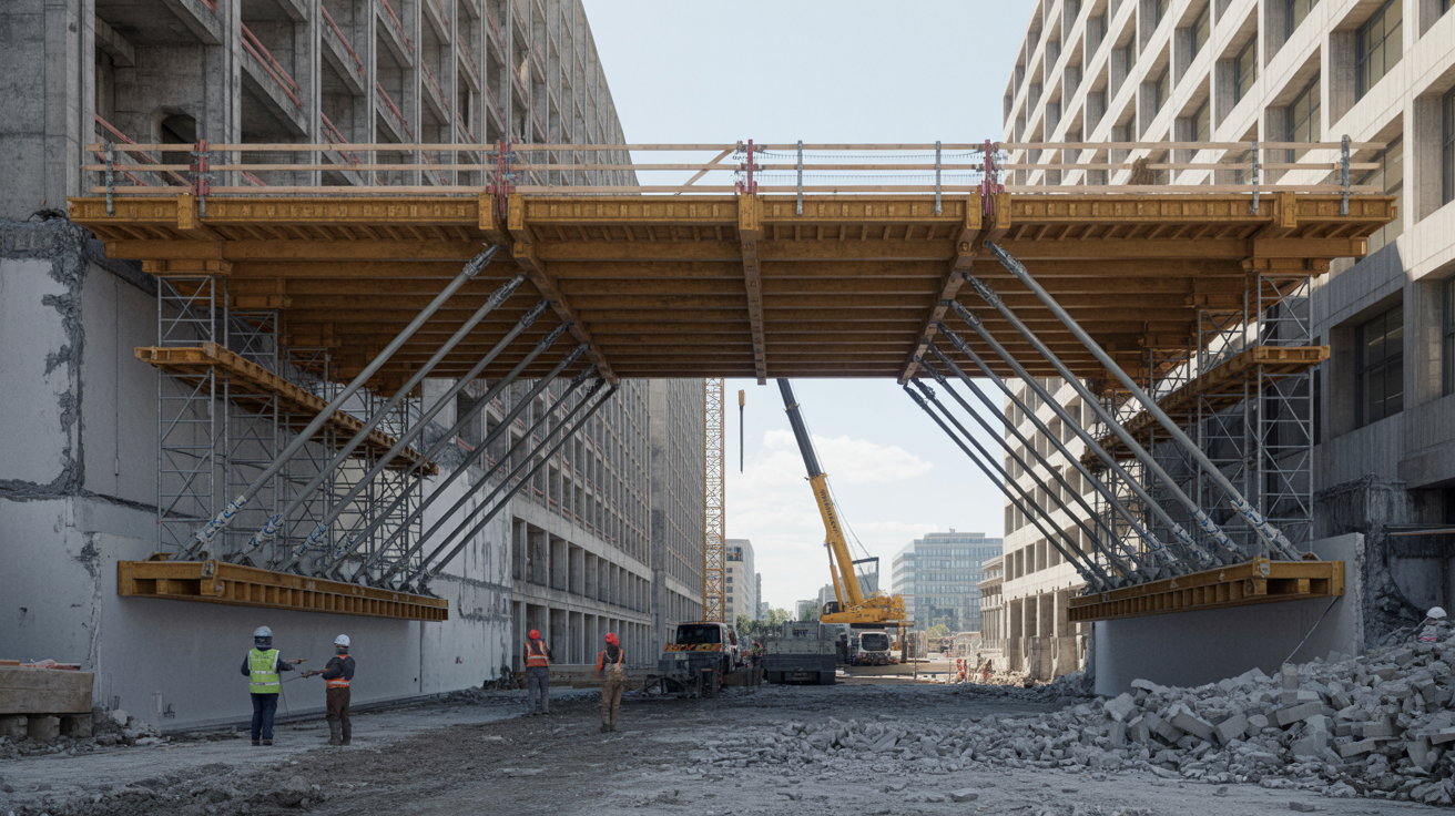 Flying shoring system supporting two adjacent walls.