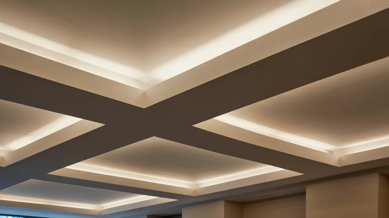 Modern recessed ceiling bulkhead design with intersecting geometric patterns and warm hidden LED strip lighting in a contemporary interior space.