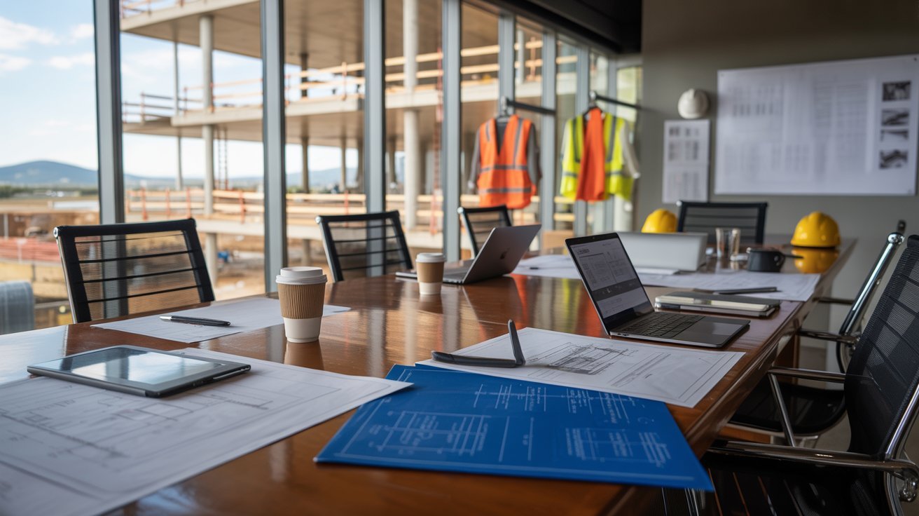 Picture of a meeting room where a construction related meeting is going to happen.