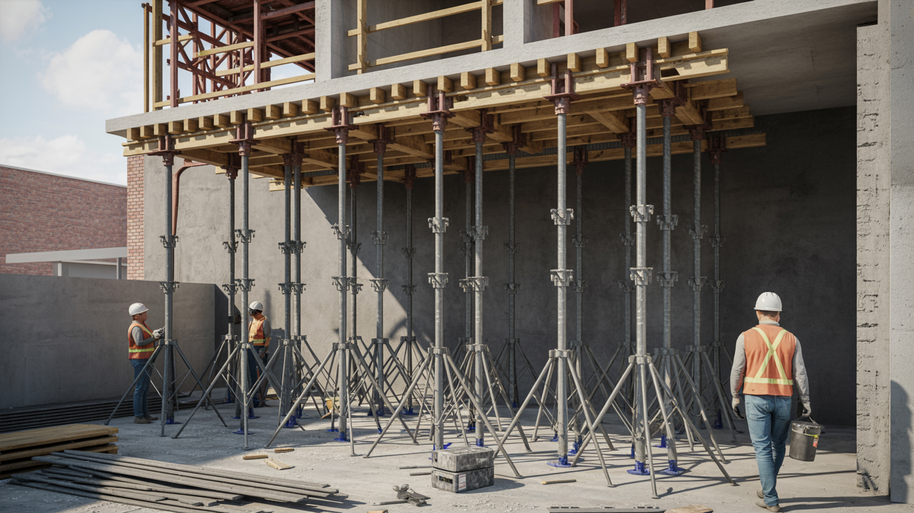 Dead shoring supports holding a structure during wall replacement.