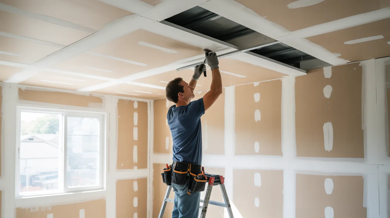 A worker installing white drywall sheets on a residential ceiling bulkhead frame