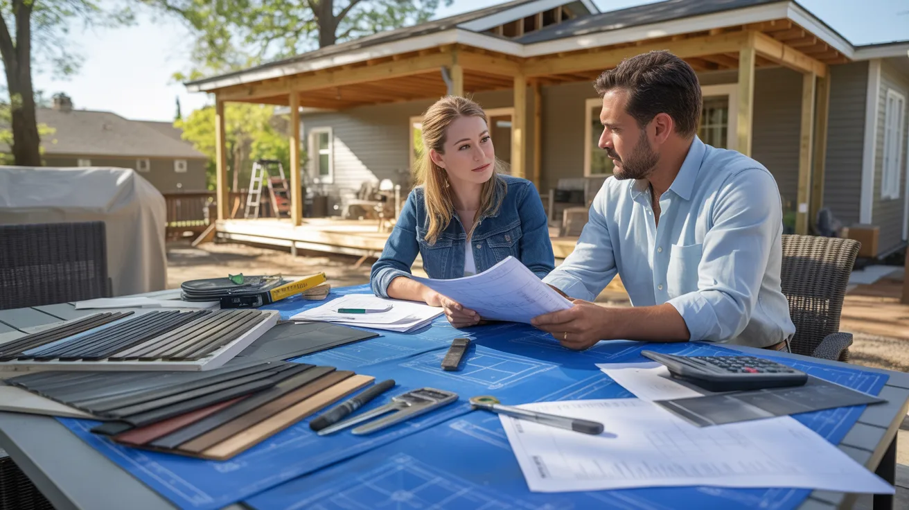 A homeowner discussing roof-over-deck construction costs and plans with a contractor