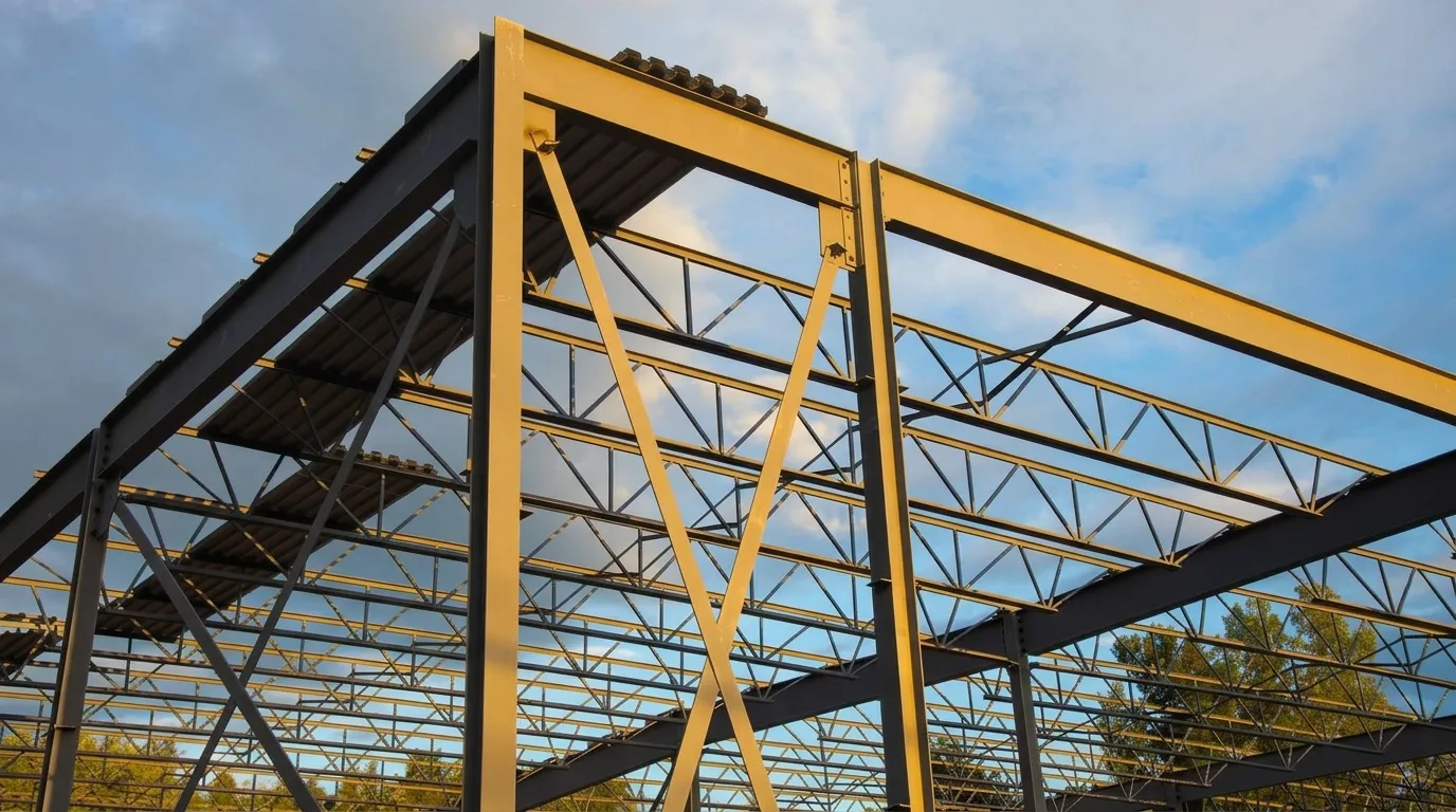 Building beams and rafters to form the roof frame over the deck.