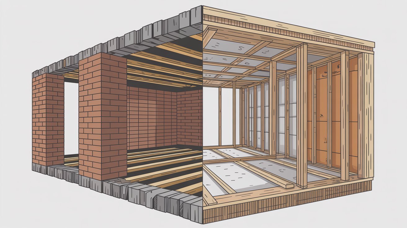 Visual comparison of joisted masonry and frame construction differences.
