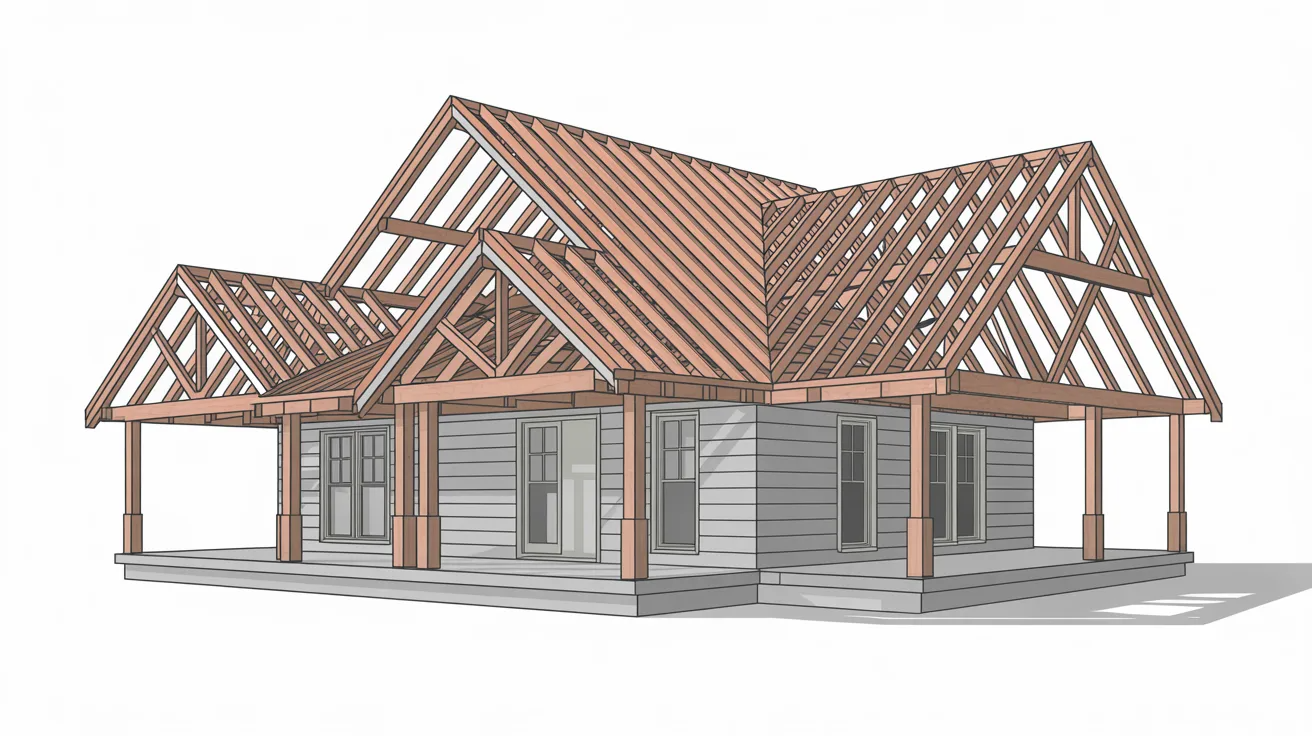 Hip roof truss system illustration showing four-sided sloping roof structure